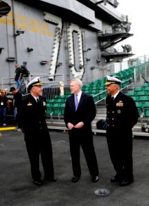 US Navy 111110-N-GZ277-060 Secretary of the Navy (SECNAV) the Honorable Ray Maybus, middle, speaks with senior officers aboard USS Carl Vinson (CVN