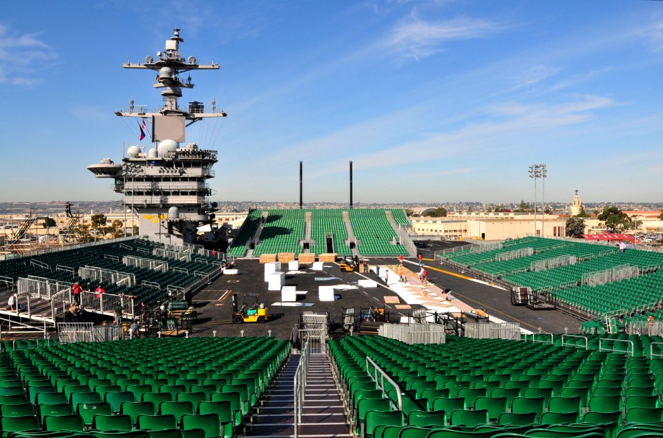 US Navy 111108-N-ZI635-071 McWil Sport Surfaces employees begin construction on a basketball court aboard the Nimitz-class aircraft carrier USS Car