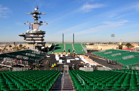US Navy 111108-N-ZI635-071 McWil Sport Surfaces employees begin construction on a basketball court aboard the Nimitz-class aircraft carrier USS Car