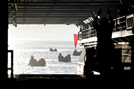 US Navy 111108-N-ZC343-443 A Sailor guides amphibious assault vehicles into the well deck of the ship while underway for local operations