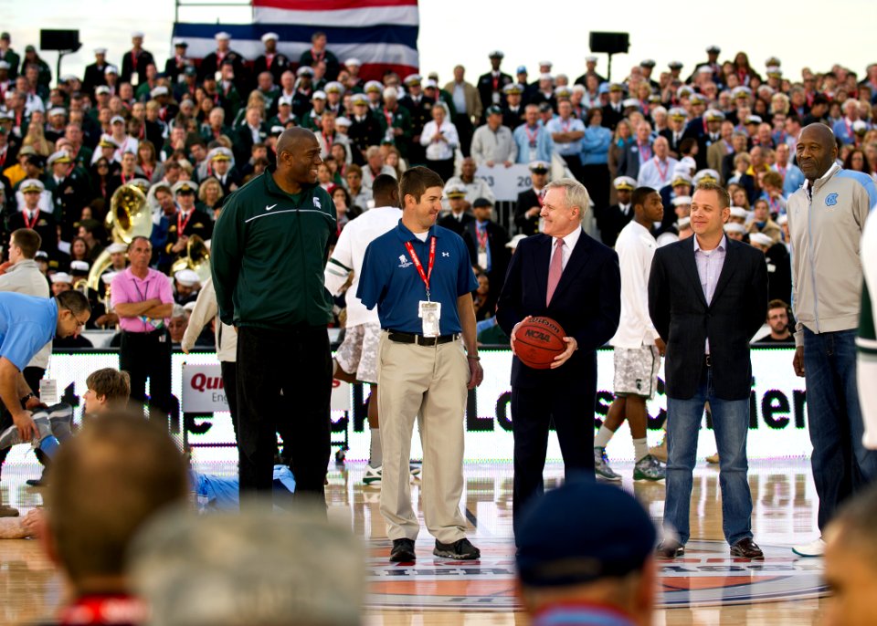 US Navy 111111-N-AC887-005 Secretary of the Navy (SECNAV) the Honorable Ray Mabus stood center court with a wounded warrior, left, Earvin