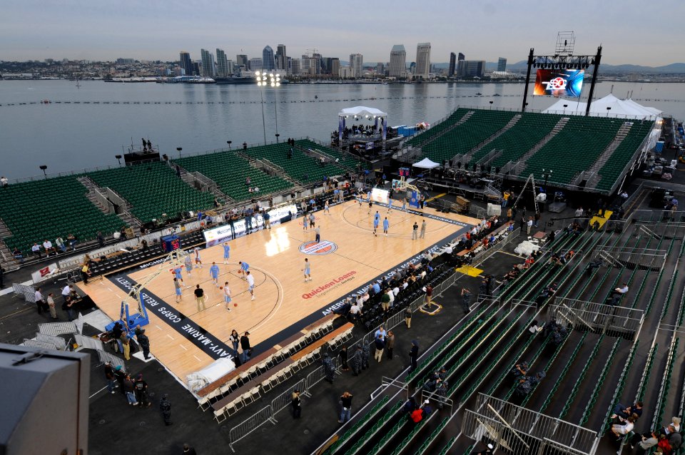 US Navy 111110-N-RG587-240 The University of North Carolina Tar Heels take practice shots on the basketball arena on the flight deck aboard Nimitz