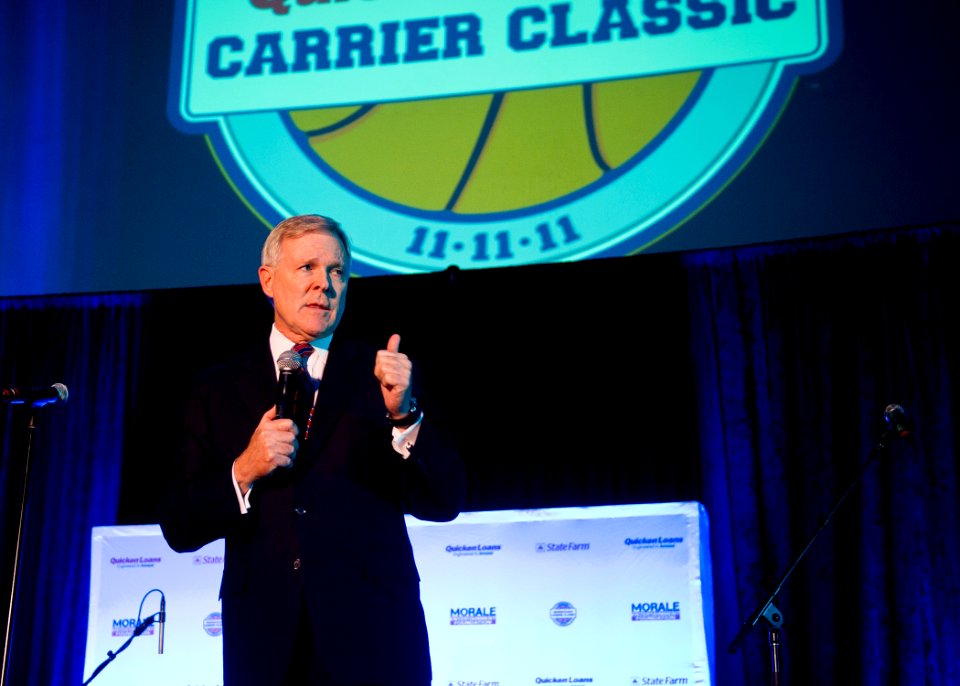 US Navy 111110-N-AC887-001 Secretary of the Navy (SECNAV) the Honorable Ray Mabus addresses distinguished guests and visitors attending the pre-gam
