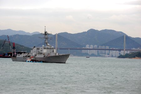 US Navy 111110-N-DS193-006 The guided-missile destroyer USS Mustin (DDG 89) is at anchor in Hong Kong Harbor during a port visit as part of the Geo