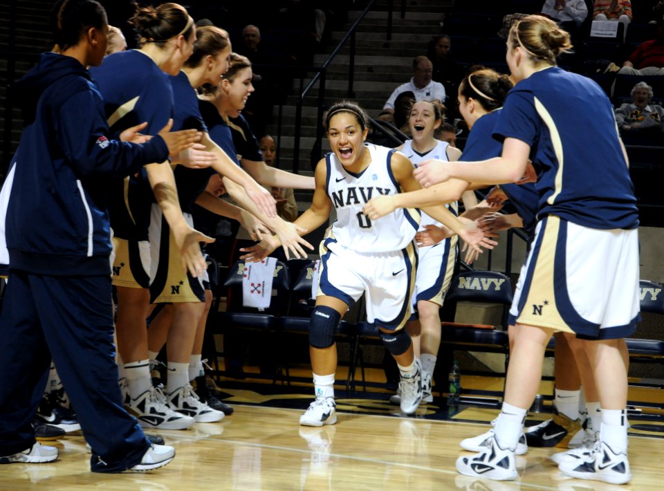 US Navy 111111-N-OA833-002 U.S. Naval Academy women's basketball guard Alix Membreno (^0) is introduced during the starting lineups before a game a