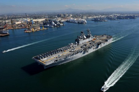 US Navy 111114-N-KD852-030 The amphibious assault ship USS Makin Island (LHD 8) departs Naval Base San Diego on its first operational deployment to