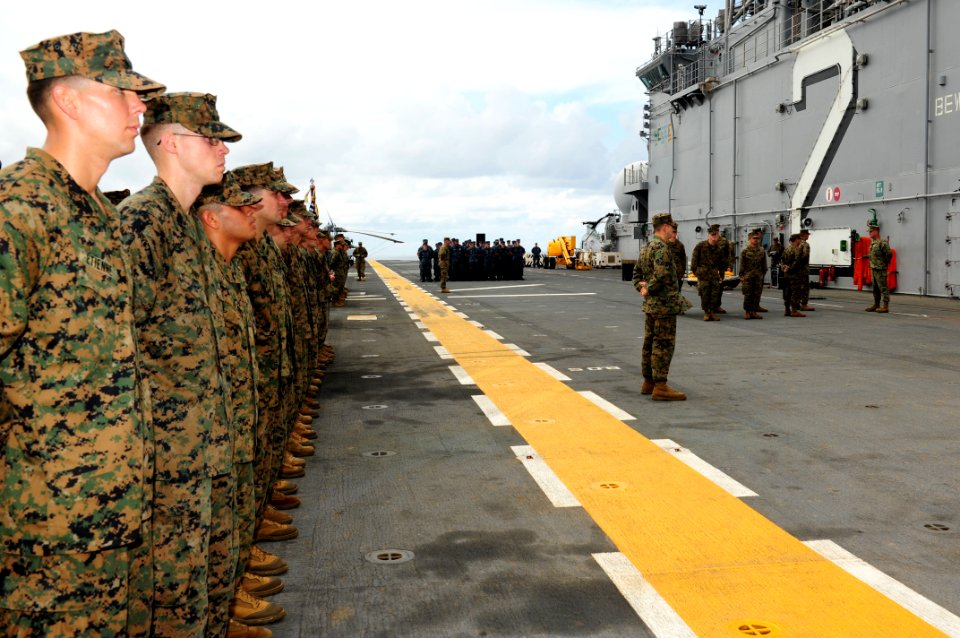 US Navy 111110-N-WA347-029 Marines assigned to the 31st Marine Expeditionary Unit (31st MEU) stand in formation during a celebration of the 236th b