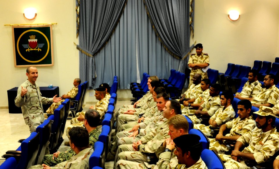 US Navy 111114-N-RP435-003 Cmdr. Richard Hayes addresses members of the Royal Bahrain Navy before exercise Neon Response 12