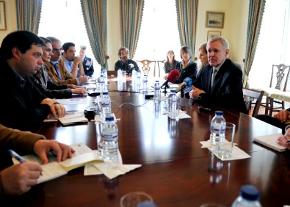 US Navy 111115-N-AC887-003 Secretary of the Navy (SECNAV) the Honorable Ray Mabus speaks to reporters during a news conference in Lisbon, Portugal