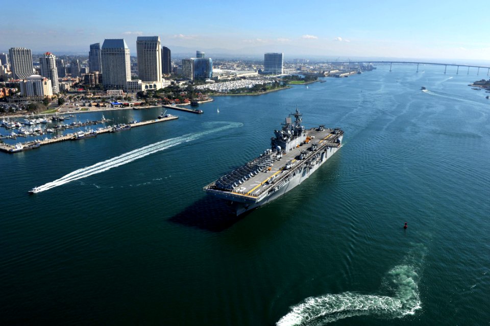 US Navy 111114-N-KD852-127 The amphibious assault ship USS Makin Island (LHD 8) departs Naval Base San Diego on its first operational deployment to