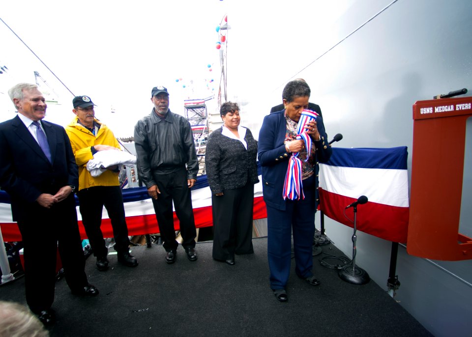 US Navy 111112-N-AC887-003 Secretary of the Navy (SECNAV) the Honorable Ray Mabus looks on as Myrlie Evers-Williams, widow of Medgar Evers and ship