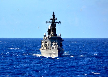 US Navy 111112-N-RI884-021 The Japan Maritime Self-Defense Force helicopter destroyer JS Kurama (DDH 144) test fires chafe as part of the integrate