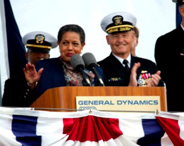 US Navy 111112-N-VY256-161 Myrlie Evers-Williams, widow of civil rights activist Medgar Evers, delivers remarks during the christening ceremony for