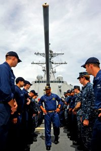US Navy 111114-N-VH839-020 Cmdr. Leo Albea, commanding officer of the Arleigh Burke-class guided-missile destroyer USS Wayne E. Meyer (DDG 108), sp photo