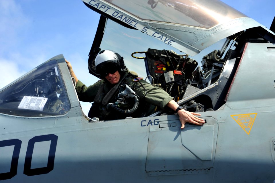 US Navy 111115-N-SF704-133 Rear Adm. J.R. Haley, commander, Task Force 70 and Carrier Strike Group 5, enters the cockpit of his EA-6B Prowler prior