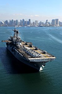 US Navy 111114-N-KD852-222 The amphibious assault ship USS Makin Island (LHD 8) departs Naval Base San Diego on its first operational deployment to