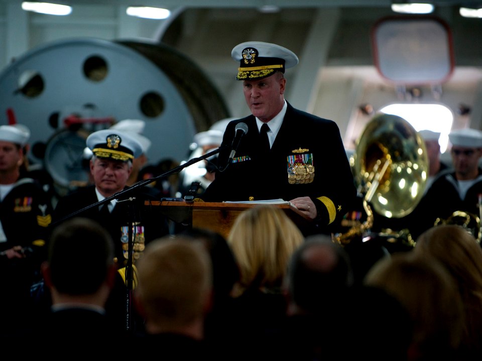 US Navy 111118-N-DR144-346 Rear Adm. Thomas K. Shannon delivers remarks at change of command