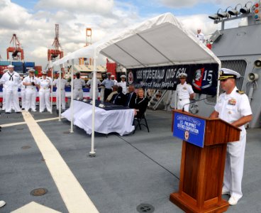 US Navy 111116-N-IO627-087 Cmdr. Brian T. Mutty, commanding officer of the guided-missile destroyer USS Fitzgerald (DDG 62), welcomes American and