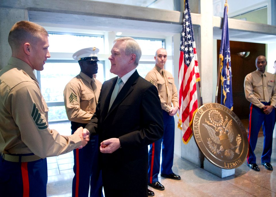 US Navy 111115-N-AC887-001 Secretary of the Navy (SECNAV) the Honorable Ray Mabus greets Marines at the U.S. Embassy in Bulgaria
