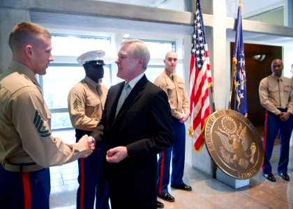 US Navy 111115-N-AC887-001 Secretary of the Navy (SECNAV) the Honorable Ray Mabus greets Marines at the U.S. Embassy in Bulgaria