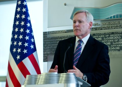 US Navy 111118-N-AC887-003 Secretary of the Navy (SECNAV) the Honorable Ray Mabus speaks to reporters during a news conference in Tbilisi, Georgia
