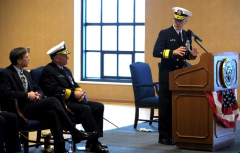 US Navy 111117-N-PO203-156 Rear Adm. Matthew Klunder, incoming chief of naval research, addresses guests, including Sean J. Stackley, assistant sec