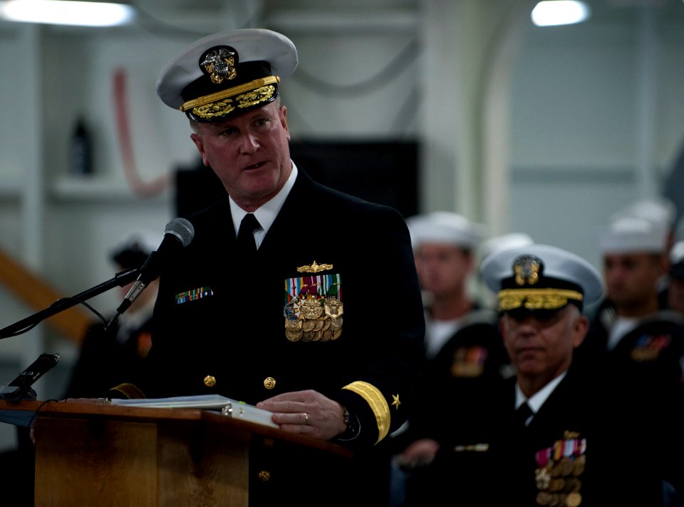 US Navy 111118-N-DR144-377 Rear Adm. Thomas K. Shannon delivers remarks at change of command