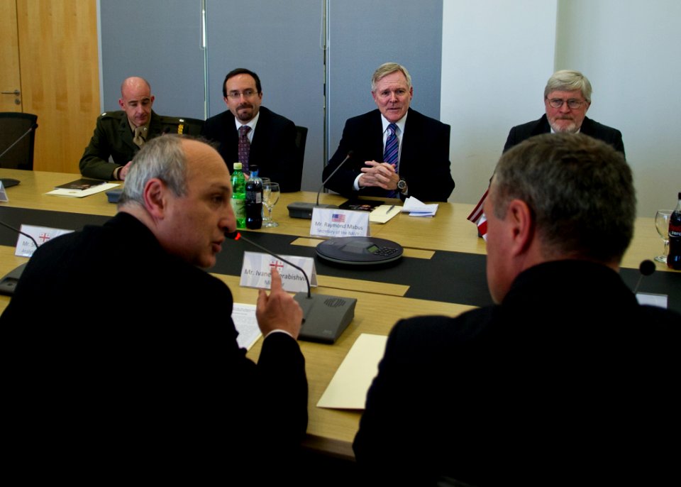 US Navy 111118-N-AC887-002 Secretary of the Navy (SECNAV) the Honorable Ray Mabus, center, and U.S. Ambassador to Georgia John Bass, left, meets wi