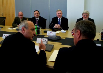 US Navy 111118-N-AC887-002 Secretary of the Navy (SECNAV) the Honorable Ray Mabus, center, and U.S. Ambassador to Georgia John Bass, left, meets wi