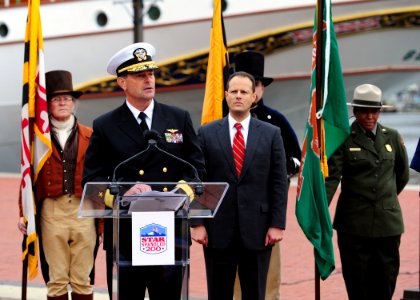 US Navy 111117-N-KV696-126 Rear Adm. William Moran, head of Maritime Aviation Programs for the Chief of Naval Operations, delivers remarks during t