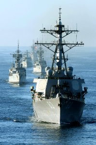 US Navy 111120-N-KM175-004 The guided-missile destroyer USS Stethem (DDG 63) leads a group of Indonesian navy ships in formation