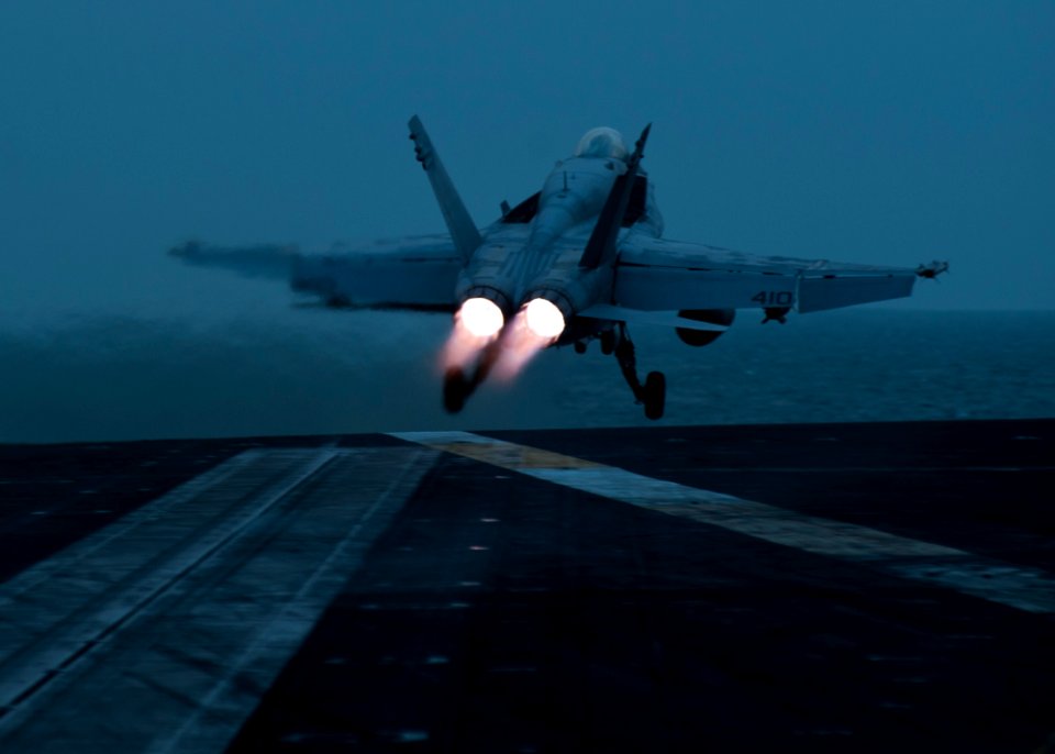 US Navy 111121-N-BT887-162 An F-A-18C Hornet from the Golden Dragons of the Strike Fighter Squadron (VFA) 192 launches from the Nimitz-class aircra