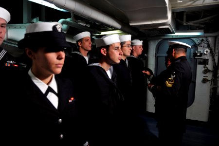 US Navy 111117-N-YZ751-013 Senior Chief Sonar Technician (Surface) Andre A. Delarosa, right, and Command Master Chief Paulette Brock conduct a dres