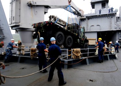 US Navy 111118-N-WJ771-090 Sailors assigned to the amphibious dock landing ship USS Tortuga (LSD 46) load a medium tactical vehicle replacement int photo