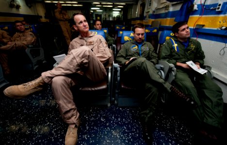 US Navy 111126-N-OY799-004 Maj. Gen. Jim Jones, left, deputy commander of U.S. Air Force Central Command, attends a briefing in the ready room aboa