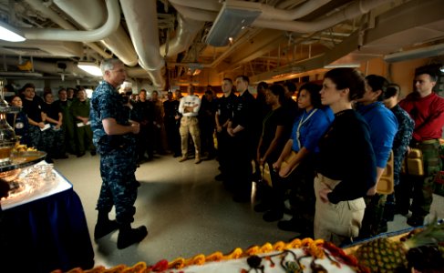 US Navy 111124-N-OY799-132 Adm. Craig Faller addresses Sailors prior to the Thanksgiving blessing in the mess decks aboard the Nimitz-class aircraf