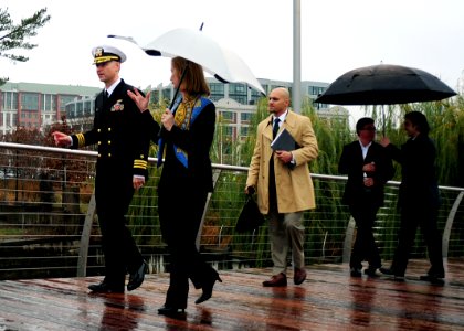 US Navy 111122-N-KV696-193 Cmdr. David Varner, commanding officer of Naval Support Activity Washington, walks along the Yards Park connector bridge