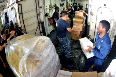US Navy 111126-N-KM175-018 Sailors aboard the forward-deployed amphibious assault ship USS Essex (LHD 2) secure stores received from the Military S