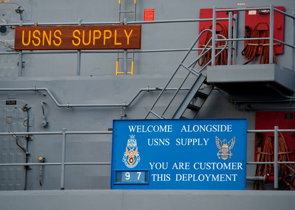 US Navy 111213-N-FI736-158 A sign aboard USNS Supply informs the crew of USS Nitze that this is the 97th time the crew of Supply has resupplied a n