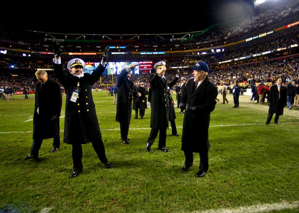 US Navy 111210-N-AC887-001 Secretary of the Navy (SECNAV) the Honorable Ray Mabus, right, looks on as Chief of Naval Operations (CNO) Adm. Jonathan