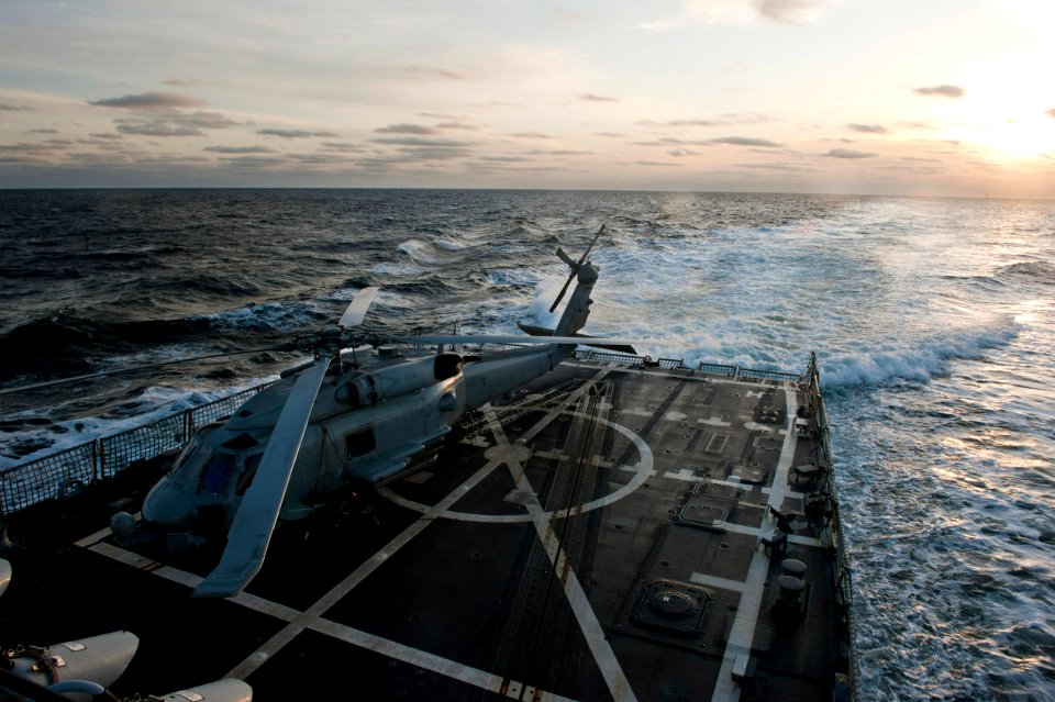 US Navy 111212-N-FI736-005 An SH-60B Sea Hawk helicopter sits on the flight deck of the Arleigh Burke-class guided-missile destroyer USS Nitze (DDG