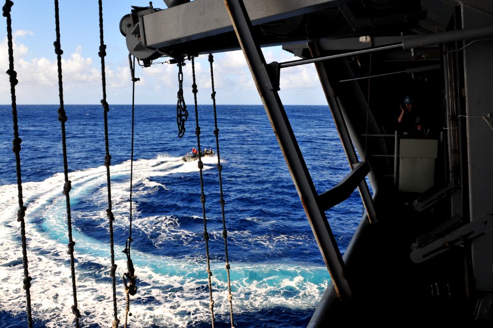 US Navy 111208-N-ZI635-064 Sailors launch a rigid-hull inflatable boat during a man overboard drill aboard the Nimitz-class aircraft carrier USS Ca