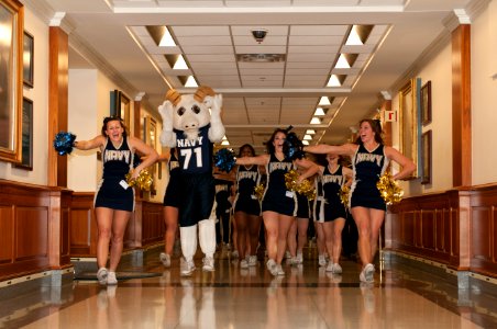 US Navy 111209-N-PM781-001 Bill the Goat, the U.S. Naval Academy mascot, and the U.S. Naval Academy Cheerleading Squad perform during a pep-rally a
