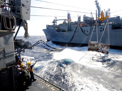 US Navy 111211-N-BC134-345 Sailors aboard the guided-missile cruiser USS Bunker Hill (CG 52) guide pallets of supplies onto the ship during an unde