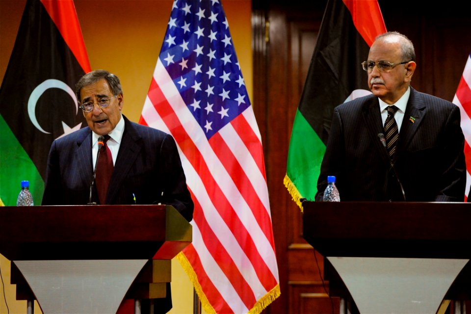 US Navy 111217-D-BW835-008 U.S. Defense Secretary Leon E. Panetta, left, and Libyan Prime Minister Abd al-Raheem Al-Keeb, conduct a press conferenc