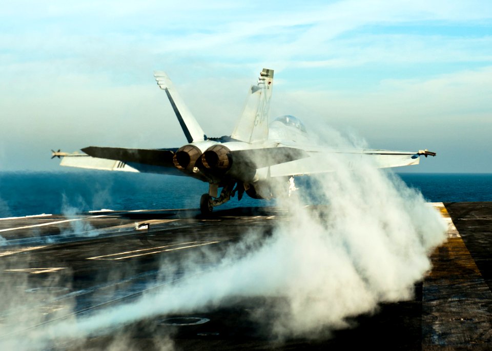 US Navy 111215-N-BT887-065 An F-A-18F Super Hornet from the Black Aces of Strike Fighter Squadron (VFA) 41 launches from the Nimitz-class aircraft