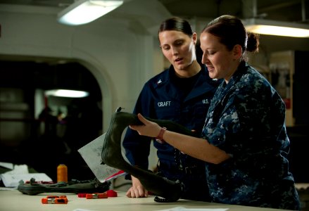 US Navy 111214-N-DR144-177 Aircrew Survival Equipmentman 2nd Class Emilie Mincher inspects LPU-34B-P low-profile floatation collars after a 360-day