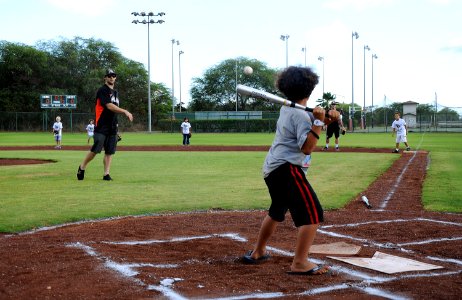 US Navy 111213-N-YU572-114 Miami Marlins outfielder Bryan Petersen pitches during a children's softball game and baseball clinic at the Pacific Mis
