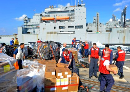 US Navy 111216-N-VH839-039 ailors aboard the Arleigh Burke-class guided-missile destroyer USS Dewey (DDG 105) clear food and supplies from the flig photo