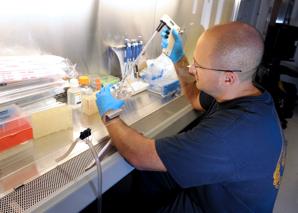 US Navy 111215-N-PO203-033 Lt. Denis Colomb, principal investigator with Navy Experimental Diving Unit, prepares cell cultures